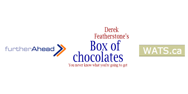 Logos of Derek Featherstone's sites: furtherahead.com, boxofchocolates.ca, wats.ca